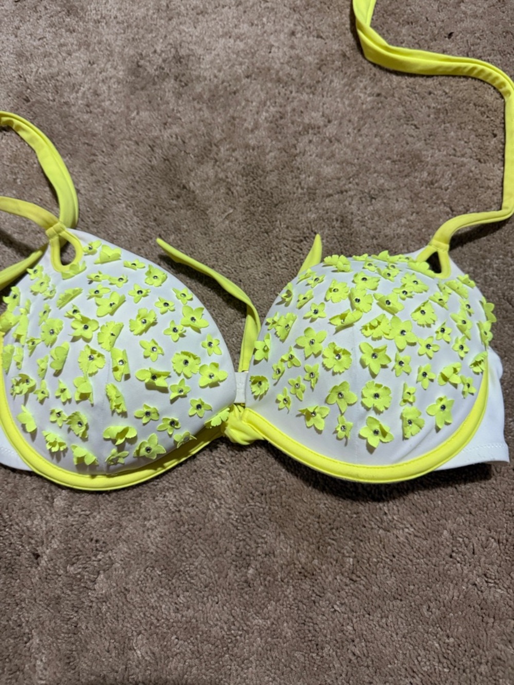 Victoria's Secret White Bikini Top with Neon Yellow Floral Appliqué